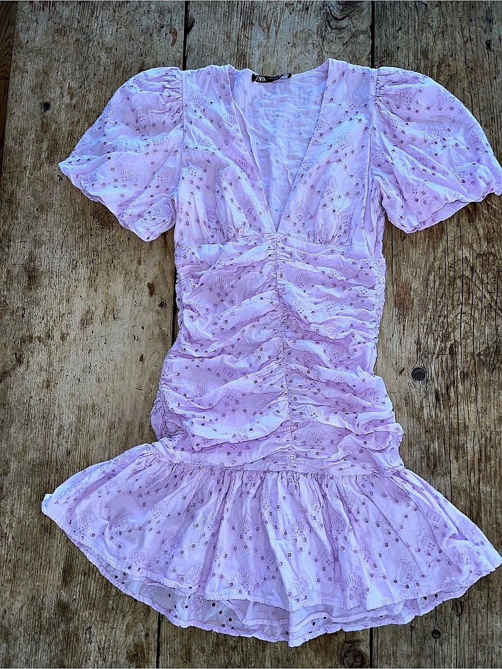 ZARA Lilac Eyelet Ruched Mini Dress Floral Pink & Purple